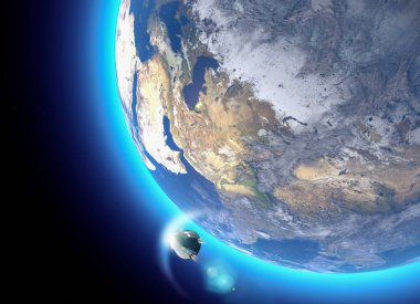 Uzay aracının mürettebat taşıyıcı yörüngesel kapsül. Dünya yörüngesine. Uydu görünümü. Atmosfer, sürtünme. Bu görüntü unsurları Nasa tarafından döşenmiştir. 3D render