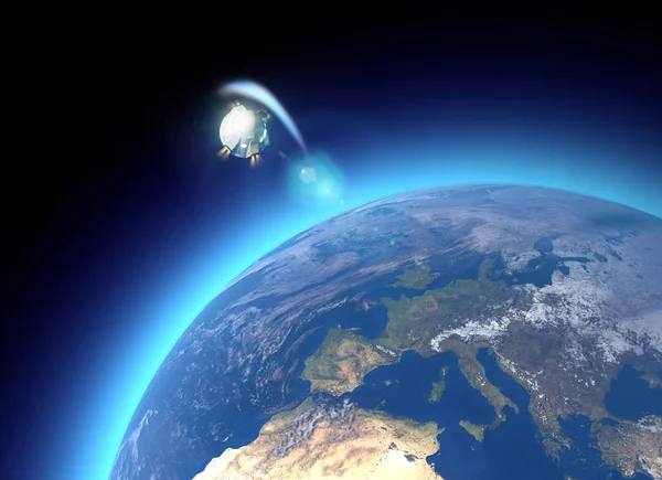 Uzay Aracının Mürettebat Taşıyıcı Yörüngesel Kapsül Dünya Yörüngesine Uydu Görünümü — Stok fotoğraf