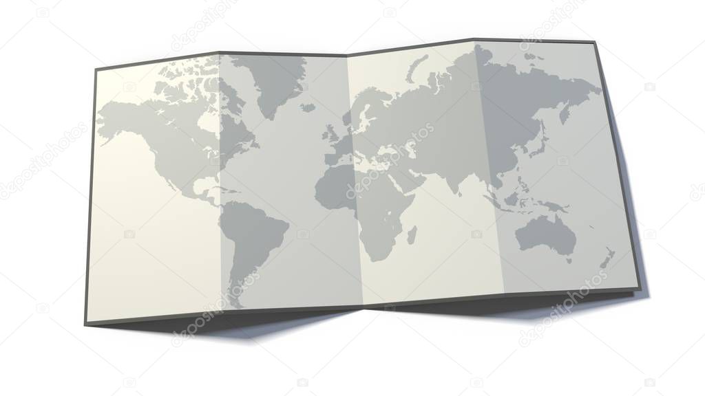 World map, drawn on a folded sheet, planisphere leaning on a surface, 3d rendering