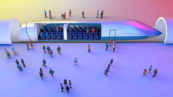 Dworzec Kolejowy Hyperloop Pasażerów Oczekujących Pociąg Futurystyczna Technologia Szybkiego Transportu — Zdjęcie stockowe