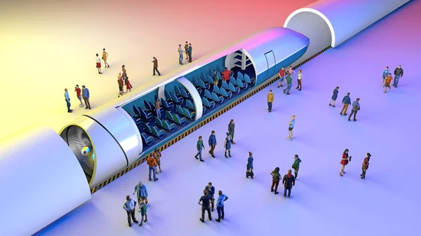Dworzec Kolejowy Hyperloop Pasażerów Oczekujących Pociąg Futurystyczna Technologia Szybkiego Transportu — Zdjęcie stockowe