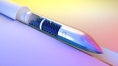 Hyperloop. Tren, 3d bölümle Tren içinde koltuk. Mal ve yolcu alçak basınç borularda yüksek hızlı ulaşım için fütüristik teknoloji. 3D render