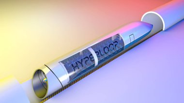 Hyperloop. Tren, 3d bölümle Tren içinde koltuk. Mal ve yolcu alçak basınç borularda yüksek hızlı ulaşım için fütüristik teknoloji. 3D render