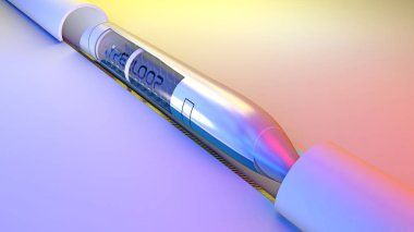 Hyperloop. Tren ve koltuk 3D bölümü. Mal ve yolcu alçak basınç borularda yüksek hızlı ulaşım için fütüristik teknoloji. 3D render