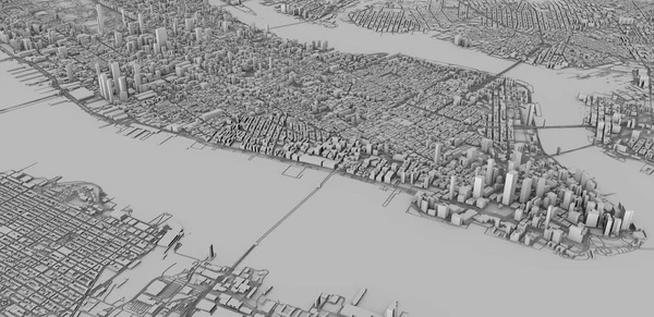 Satellitenbild Von New York City Karte Gebäude Rendering Straßen Und — Stockfoto