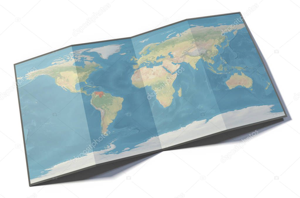 World map, Venezuela, drawn on a folded sheet, planisphere leaning on a surface, 3d rendering. Physical map