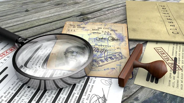 Top secret document, declassified, confidential information, secret text. Non-public information. Sheet of paper with classified information. Vatican, church planimetry. Rubber stamp and magnifying glass. Passport, secret agent