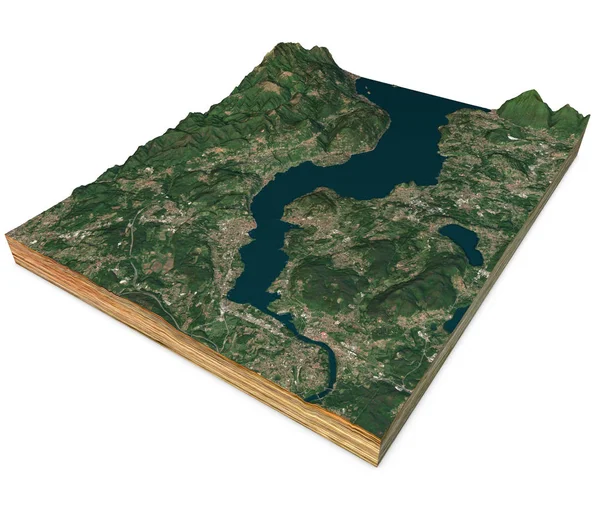 Widok Satelitarny Jeziora Maggiore Mapy Góry Płaskorzeźby Przekrój Renderowania Lombardia — Zdjęcie stockowe