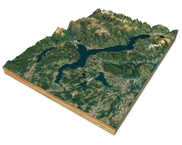 Satélite Vista Del Lago Mayor Mapa Montañas Relieves Sección Renderizado — Foto de Stock