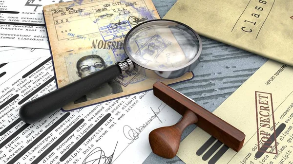 Top secret document, declassified, confidential information, secret text. Non-public information. Sheet of paper with classified information. Rubber stamp and magnifying glass. Passport, secret agent, 3d rendering
