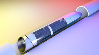 Tren İstasyonu ve Hyperloop. Yolcu treni bekliyorum. Mal ve yolcu alçak basınç borularda yüksek hızlı ulaşım için fütüristik teknoloji. 3D render