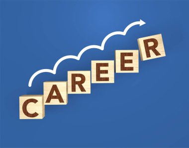 Metniniz için word kariyer ve kopya alanı ile mavi arka plan üzerinde ahşap küp blok. İş kariyer büyüme başarı kavramı için planlama. Ok yukarı doğru yükseliyor. 3D render