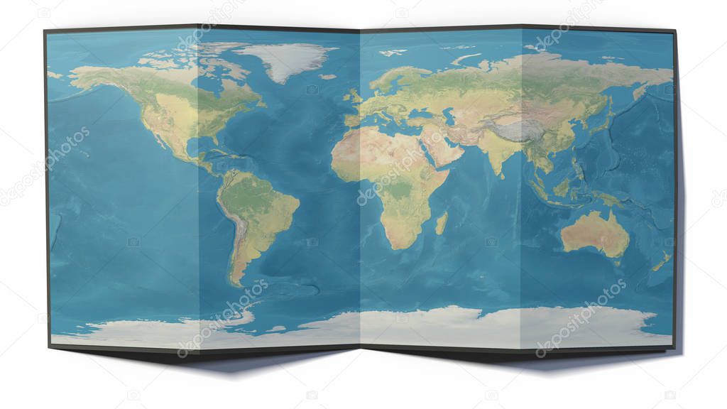 World map drawn on a folded sheet, planisphere leaning on a surface, 3d rendering. Physical map