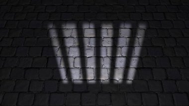 Hapishanesinde, bir hapishane hücresi. Gölgeler yere, hücre pencere tahmin. Bir pencere önünde gözaltına alındı. Ceza, karamsar ve mutsuz person.3d işleme