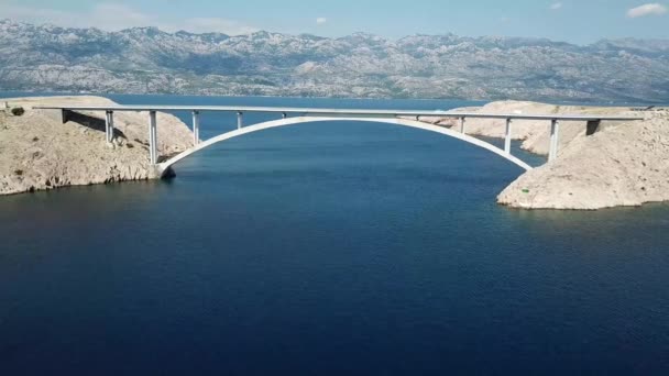 Aerial View Bridge Island Pag Croatia Road 2018 Cliff Overlooking — Stock Video