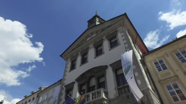 スロベニア最大の都市と首都リュブリャナ市内中心街は 2018 市内の歩行者エリアに散歩の人達 教会と丘の上の城 — ストック動画