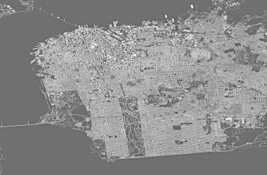 San Francisco, harita, 3B Binalar uydu görüntüsü. Amerika Birleşik Devletleri. Sokaklar ve gökdelenler. Ev ve kent içi. 3D render