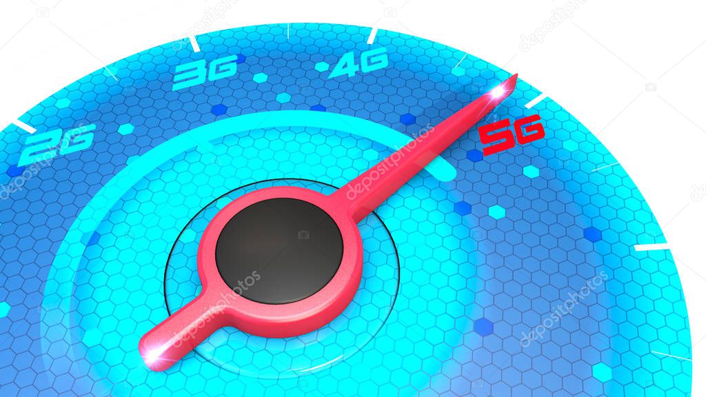 Pressure gauge, speed meter, speed test, internet speed and 5G connection. New technologies, exploit broadband. Technological potentialities, new applications and products. Speedometer. 3d rendering