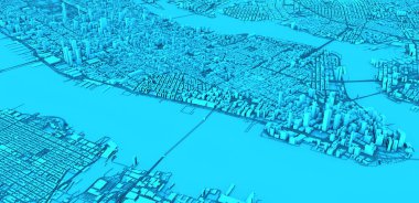 New York 'un uydu görüntüsü, harita, 3D binalar, 3D görüntüleme. Manhattan 'ın sokakları ve gökdelenleri. Usa