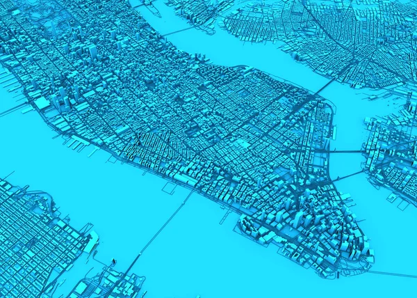 Satellite view of New York city, map, 3d buildings, 3d rendering. Streets and skyscrapers of Manhattan. Usa