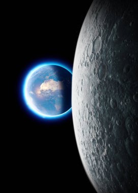 Uzaydan görünen Ay ve Dünya. Arka planda ay yüzeyi ve dünya. Ay 'dan görünen dünya. Aya inişin 50. yıldönümü. Bu görüntünün elementleri Nasa tarafından döşenmiştir. 3d oluşturma