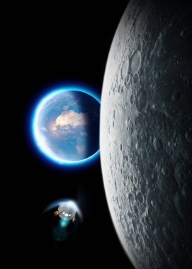 Uzay gemisi uzay araştırmaları aya doğru. Dünyayı aydan gördün. ay iniş 50'nci yıldönümü. Bu görüntü unsurları Nasa tarafından döşenmiştir. 3D render