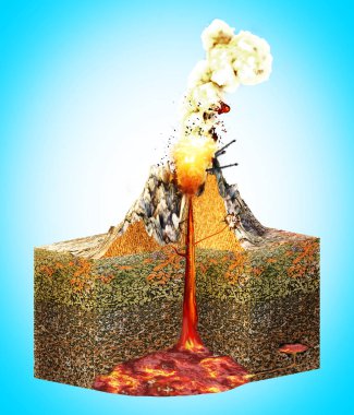 Bir volkan, yapısal düzenini ve arazinin 3d render bölüm bölüm