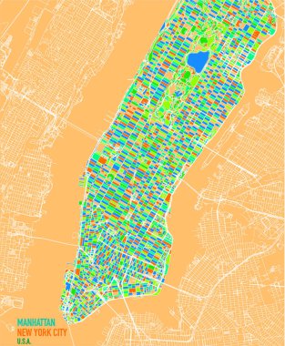 New York City, Manhattan Adası uydu haritası. Mahalleler ve renkli blokları. Sokaklar ve şehir merkezi. Uydu görüntüsü. Renkli poster harita. ABD