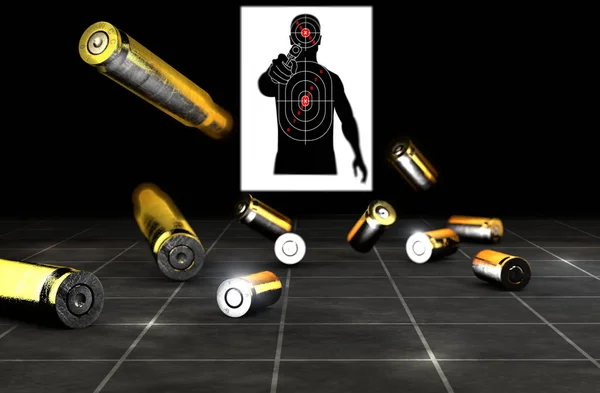 目标射击 一个手里拿着枪的人的剪影 瞄准他的胸部和头部子弹 地面上的炮弹 — 图库照片