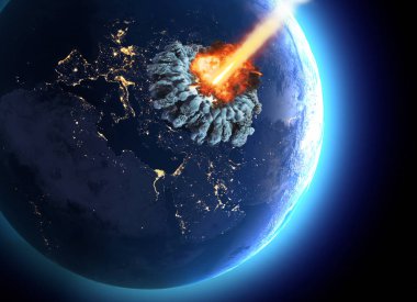 Dünya'ya çarpan göktaşları. Patlama, dünyanın sonu Tufan. Küresel extinction. Nükleer bomba. 3D render. Bu görüntü unsurları Nasa tarafından döşenmiştir