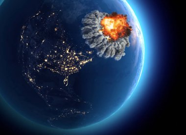 Nükleer bomba. Milletler, patlama, Tufan arasındaki savaş. Yok olma. Düşman saldırısı. 3D render. Uydu görünümü. Bu görüntü unsurları Nasa tarafından döşenmiştir