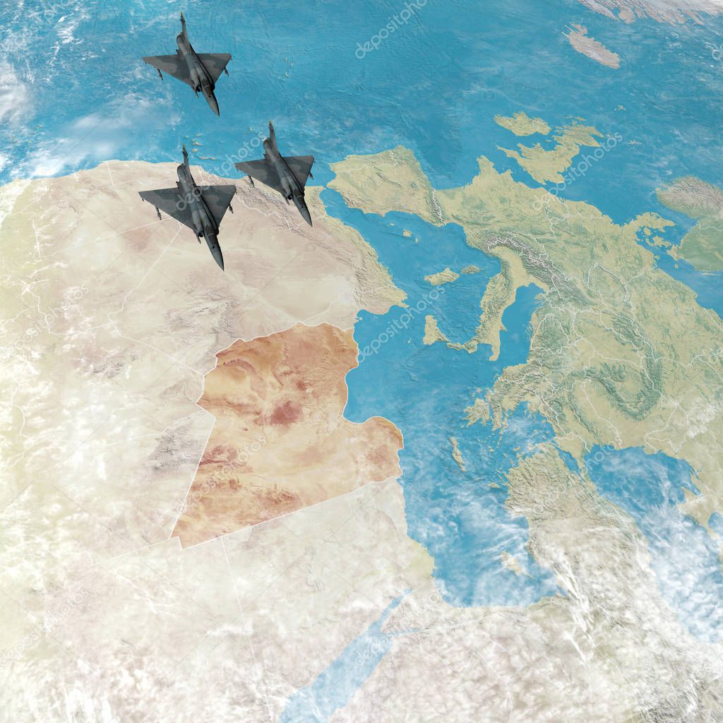 Fighter jets flying over Libya, 3d map of North Africa and Europe. War action in Libya, physical map with reliefs. 3d rendering