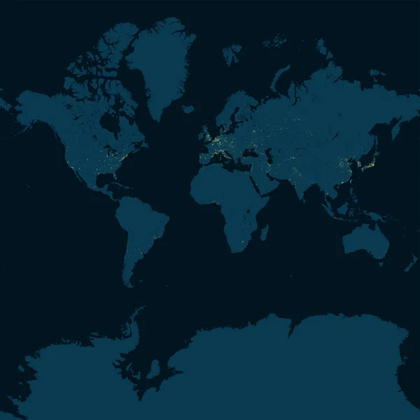 Mappa Del Mondo Planisfero Con Aree Urbane Rilievo Vista Notturna — Vettoriale Stock