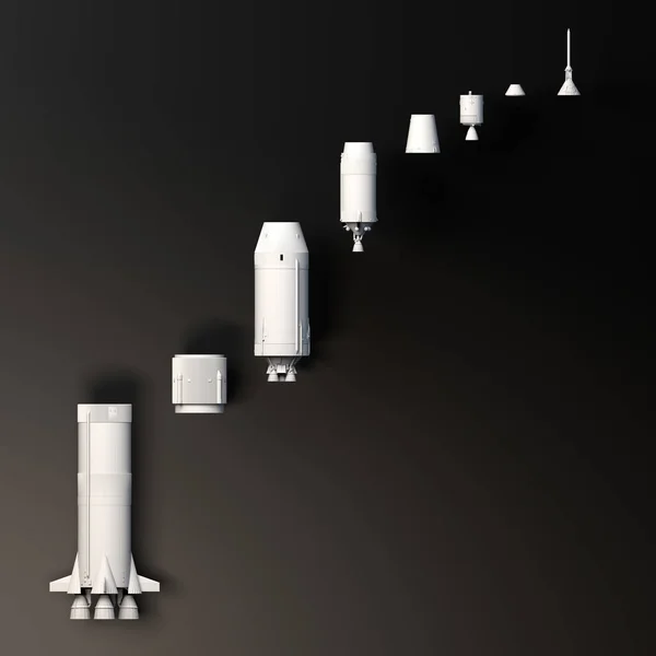 Space mission, conquest of space. Saturn V. Rocket to the moon. The fiftieth anniversary of the moon landing. Apollo mission 11. Section of the rocket. 3d rendering