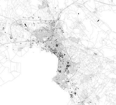 Selanik uydu haritası, Yunanistan'ın ikinci büyük şehridir. Şehir merkezinin sokakları ve binaları haritası. Avrupa