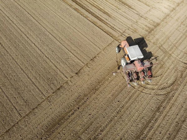 Aerial View Tractor Plowing Fields Aerial View Plowing Sowing Harvest — Stock Photo, Image
