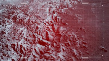 Karanın uydu görüntüsü, savaş operasyonları, bilim kurgu, kırmızı tonlarda gece görüşü. Askeri hedef. İnsansız hava aracı bir alanın üzerinde uçuyor. Askeri operasyon. Gizli operasyon. Dağ kabartmaları ve ovalar. Hud, head-up ekran