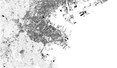 Yokohama uydu haritası. Nüfusa göre Japonya'nın ikinci büyük şehri ve Japonya'nın en kalabalık belediyesidir. Şehir merkezinin sokakları ve binaları haritası. Asya