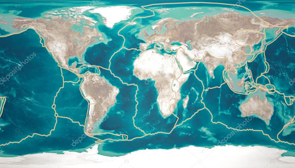 Tectonic plates move constantly, making new areas of ocean floor, building mountains, causing earthquakes, and creating volcanoes. 3d rendering. Map. Element of this image are furnished by Nasa