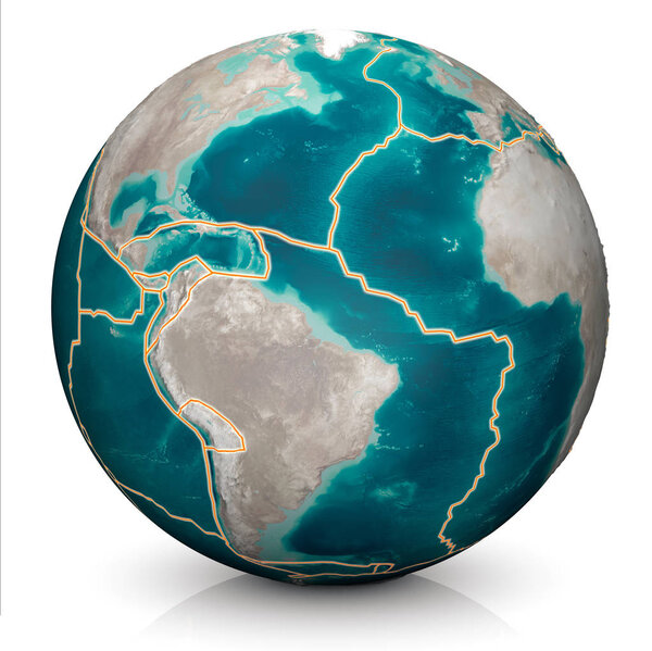 Тектонические плиты постоянно движутся, создавая новые участки океанского дна, строя горы, вызывая землетрясения и создавая вулканы. 3D рендеринг. Карта. Элемент этого изображения предоставлен Nasa
