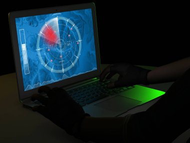 Radar, karanın uydu görüntüsü ve hassas askeri hedefler. Bilgisayar ve kabartmalar ile harita, hava terminali kontrolü. 3d render. Gece manzarası. Hud