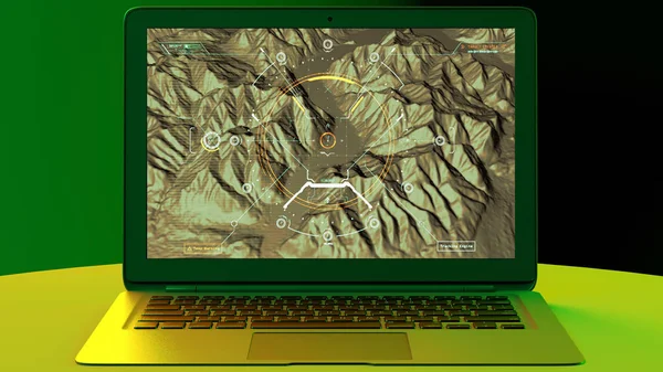 卫星视图的土地 战争行动 夜视与蓝色色调 军事目标无人机飞过一个地区 军事行动 卧底行动山救济和平原 正面显示 计算机 — 图库照片