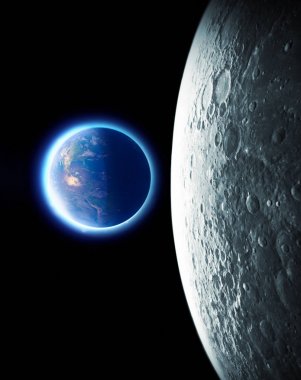 Uzaydan görünen Ay ve Dünya. Arka planda ay yüzeyi ve dünya. Ay 'dan görünen dünya. Aya inişin 50. yıldönümü. Bu görüntünün elementleri Nasa tarafından döşenmiştir. 3d oluşturma