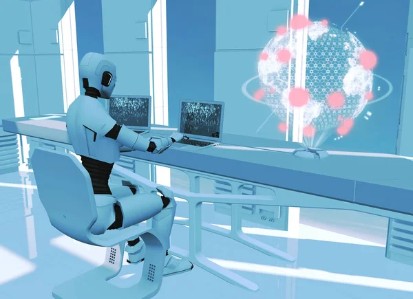 Τεχνητή Νοημοσύνη Ρομπότ Σάιμποργκ Στον Υπολογιστή Sci Επιστημονική Φαντασία Προγραμματισμού — Φωτογραφία Αρχείου