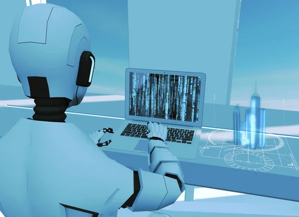 人工智能 机器人电脑上的机器人 科幻片科幻小说 建筑项目 城市摩天大楼 全息图 未来的城市项目城市 — 图库照片