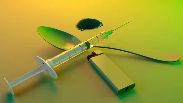 海洛因 可卡因 获取毒品剂量的工具 注射器 打火机和勺子 成瘾和依赖 — 图库照片