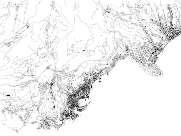 摩纳哥公国卫星地图 蒙特卡洛 丰特维耶 摩纳哥 拉康达明 市中心的街道和建筑物的地图 — 图库矢量图片