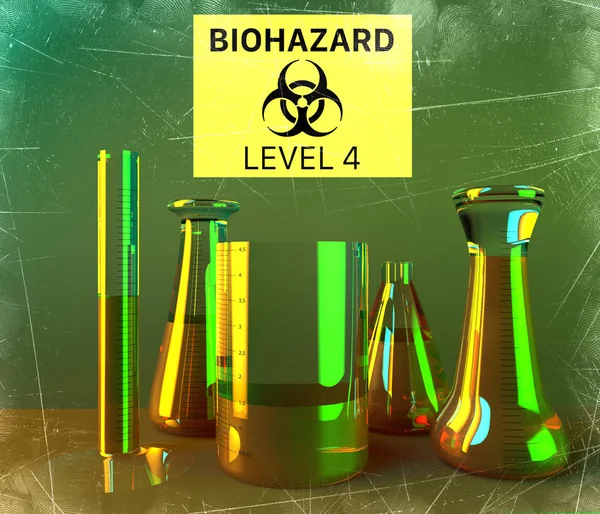 Laboratory and biohazards study, analysis and testing with receptacles and containers for liquids on a table. Biological substances that pose a threat to the health of living organisms, primarily that of humans. Viruses and bacteria, 3d render