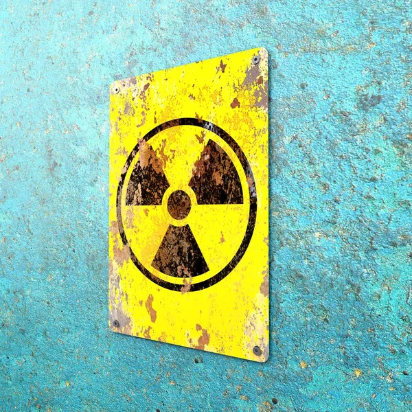 Nuclear site, sign hanging on a blue wall. Indication of the presence of a radioactive area, 3d render. Nuclear weapons. Dangerous site
