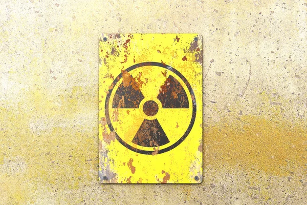 Nuclear site, sign hanging on a yellow wall. Indication of the presence of a radioactive area, 3d render. Nuclear weapons. Dangerous site